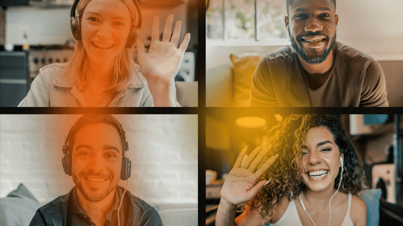 Group of happy employees meet on a video conference call with blurry Orange Pegs logo