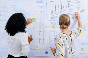 Two women business professionals in front of dry erase board with Agile concepts